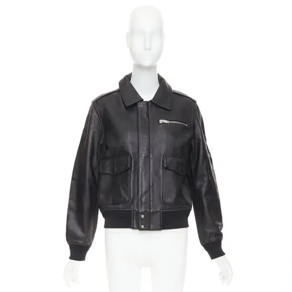 SAINT LAURENT 2020 black sheepskin leather pocketed flight jacket L - Picture 10 of 10